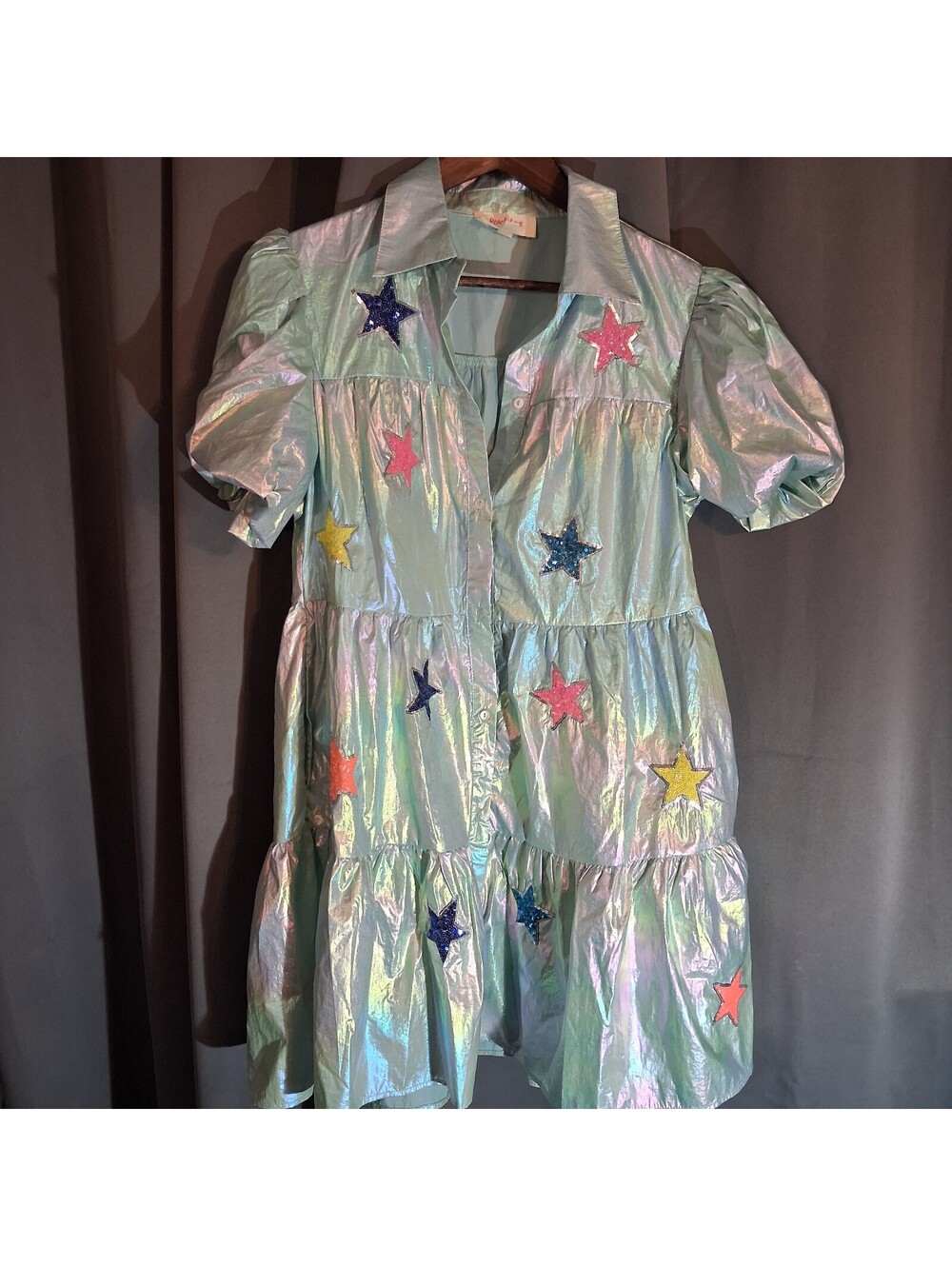 Peach Love California Iridescent Star Embroidered Dress Medium